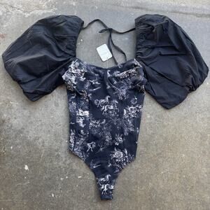 Free People Prairie Floral Horses Bodysuit NWT Puff Sleeves Tie Back Boho Medium